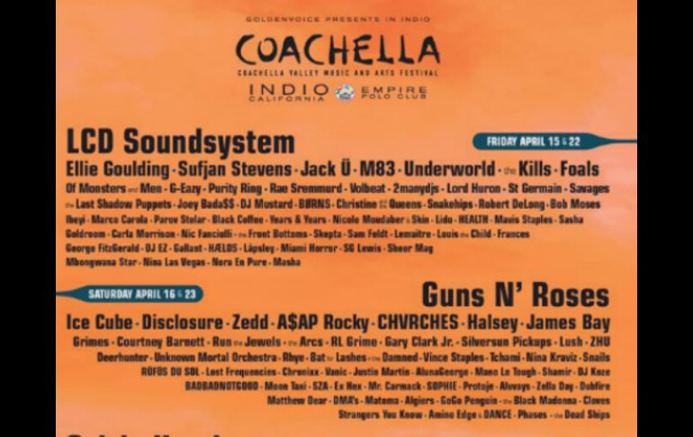 Ellie Goulding, Calvin Harris, Disclosure, Grimes y la mexicana Carla Morrison también forman parte del elenco musical. FACEBOOK / Coachella