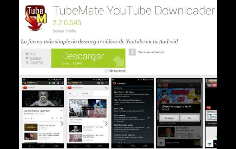 TubeMate, fue la más descargada durante el año. ESPECIAL / uptodown.com