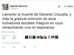 Agustín Basave, líder nacional del PRD, expresó en su cuenta de Twitter su pesar por el deceso. ESPECIAL / Twitter