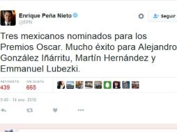 Peña reconoce la labor de los nominados a través de sus redes sociales. TWITTER / @EPN