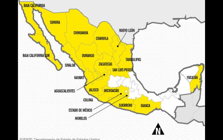 En la alerta emitida se señalan 21 entidades con algún tipo de riesgo para ciudadanos de EU. EL INFORMADOR / J. López