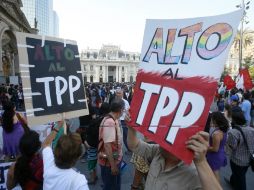 En algunas de ellas se leía 'Hazte participe del rechazo al TPP desde ya, no seas cómplice pasivo'. EFE / M. Ruiz