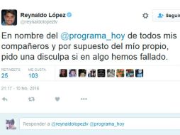 En varios tuits, comentó que no ha existido ninguna mala intención por parte de su equipo. TWITTER / @reynaldolopeztv