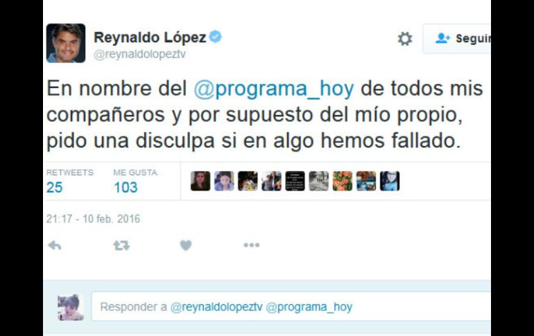 En varios tuits, comentó que no ha existido ninguna mala intención por parte de su equipo. TWITTER / @reynaldolopeztv