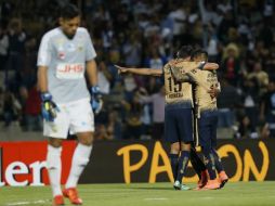 Jugadores universitarios celebran una de las anotaciones del juego. EFE / J. Méndez