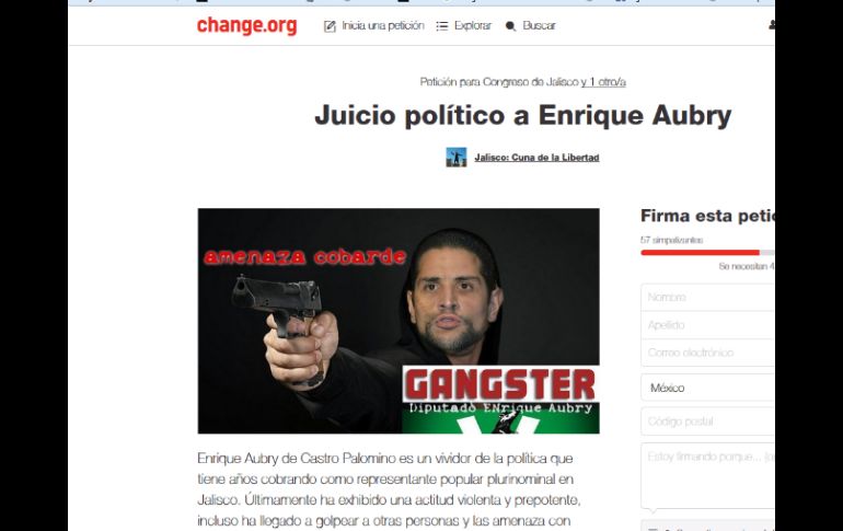 En la petición exigen a la Fiscalía que investigue y procese a Aubry. ESPECIAL / www.change.org