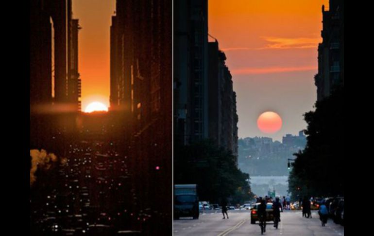 El 'Manhattanhenge' es el momento en el que el sol se alinea al atardecer con la cuadrícula urbana de Nueva York. TWITTER / @nycgob