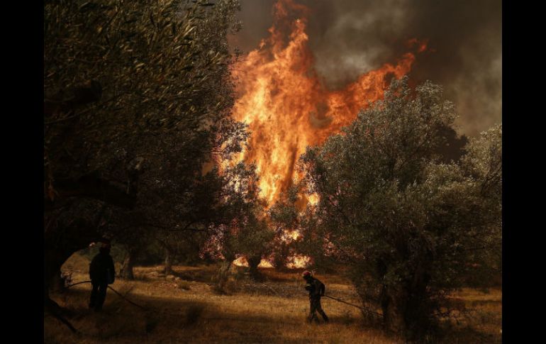 Camiones cisterna y palas mecánicas son usados para mantener protegidas las zonas habitadas, dicen los bomberos. EFE / Y. Kolesidis