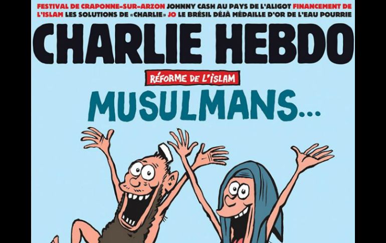 En la caricatura se ve a una pareja de musulmanes desnudos corriendo por una playa. FACEBOOK / Charlie Hebdo Officiel