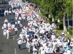 Hombres y mujeres visten de blanco, portando pancartas que aluden al respeto y amor por la familia. TWITTER / @VocesxlaFamilia