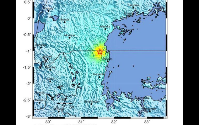 El epicentro fue localizado a 23 km al este de la ciudad de Nsunga, cerca del lago Victoria. EFE / USGS