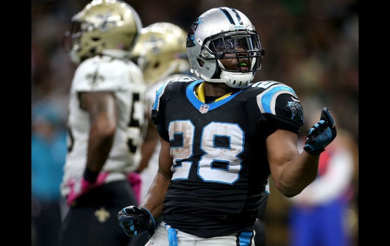 Jonathan Stewart, de las Panteras de Carolina celebra después de anotar un touchdown. AFP / S. Gardner