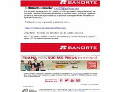 El  correo apócrifo de Banorte señala que por motivos de seguridad la cuenta del usuario ha sido bloqueada temporalmente. ESPECIAL / www.gob.mx