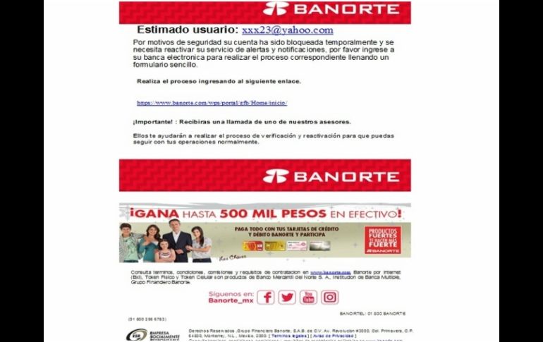 El  correo apócrifo de Banorte señala que por motivos de seguridad la cuenta del usuario ha sido bloqueada temporalmente. ESPECIAL / www.gob.mx