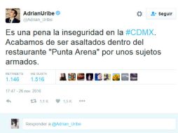 Uribe levantó la denuncia correspondiente en la Delegación Álvaro Obregón. TWITTER / @Adrian_Uribe