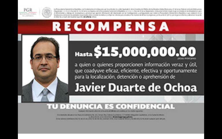 La PGR ofrece una recompensa de 15 MDP a quien proporcione información para localizar al ex mandatario de Veracruz. ESPECIAL / PGR