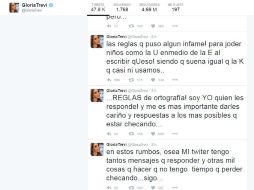 Parte de los tuits de la cantante en los que protestó contra quienes la criticaron. TWITTER / @gloriatrevi