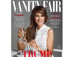 La portada de febrero de Vanity Fair México muestra a una sonriente Melania vestida de blanco con un plato lleno de joyas. TWITTER / @VanityFairMX