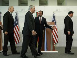 John Kelly, Rex Tillerson, Luis Videgaray y Miguel Ángel Osorio Chong, ayer en la sede de la SRE. EFE / J. Méndez