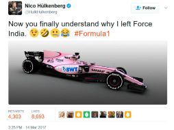 ''Finalmente entienden por qué me fui de Force India #formula1'', dice el texto que está acompañado de emoticones. TWITTER / @HulkHulkenberg