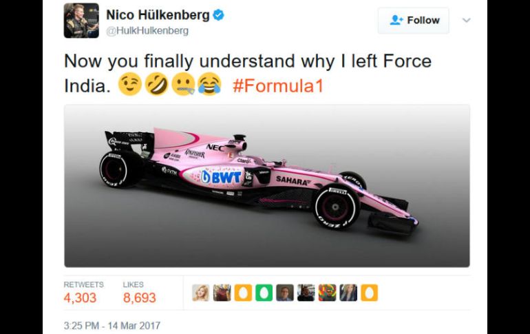 ''Finalmente entienden por qué me fui de Force India #formula1'', dice el texto que está acompañado de emoticones. TWITTER / @HulkHulkenberg