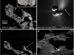 La cámara de navegación de Rosetta pudo capturar una de estas explosiones el 10 de julio de 2015. ESPECIAL / www.nature.com