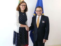 Guajardo y la comisaria de comercio europea, Cecilia Malmstrom, acuerdan trabajar enuna agenda que involucra 18 tratados. TWITTER / @ildefonsogv