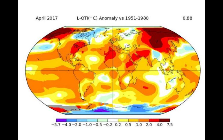 Los análisis revelan que la temperatura registrada el mes pasado fue sólo un poco más cálida que la de 2010. TWITTER / @NASAGISS