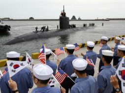 Fotografía del submarino nuclear USS Cheyenne llegando a la sede del Comando de la Flota de la República de Corea. EFE / YONHAP