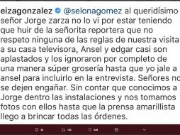 Al evitar fotografía explica “Al queridísimo señor Jorge Zarza no lo vi por estar teniendo que huir de la señorita reportera. TWITTER / @eizamusica