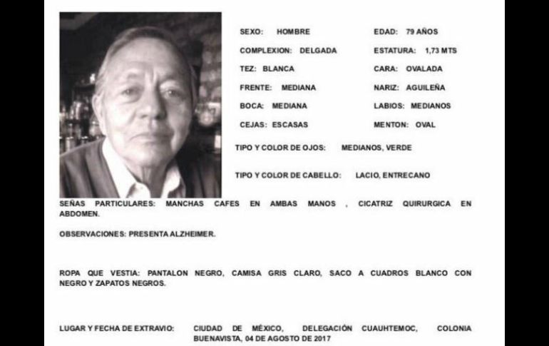 En la ficha se lee que Tulio tiene 78 años, mide 1.73 metros, tiene ojos verdes y una cicatriz. TWITTER / @elconsejomx