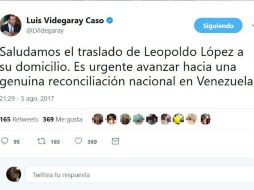 El canciller mexicano apela 'una genuina reconciliación nacional en Venezuela'. TWITTER / LVidegaray