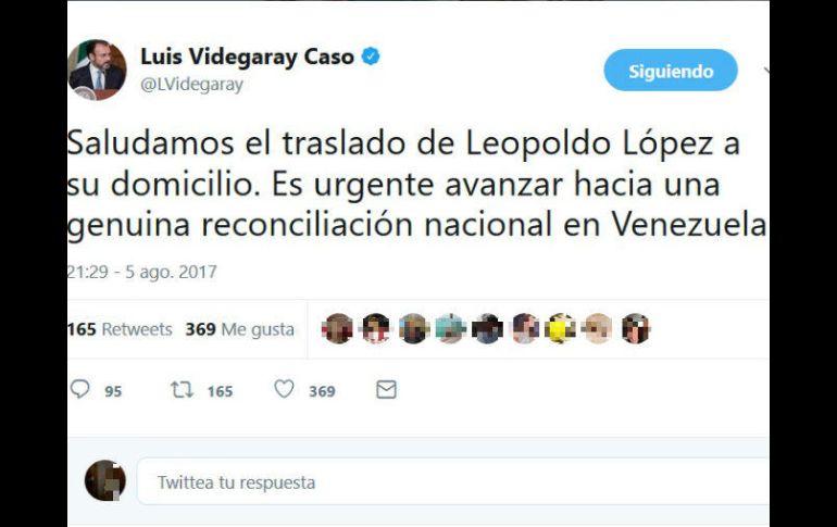 El canciller mexicano apela 'una genuina reconciliación nacional en Venezuela'. TWITTER / LVidegaray