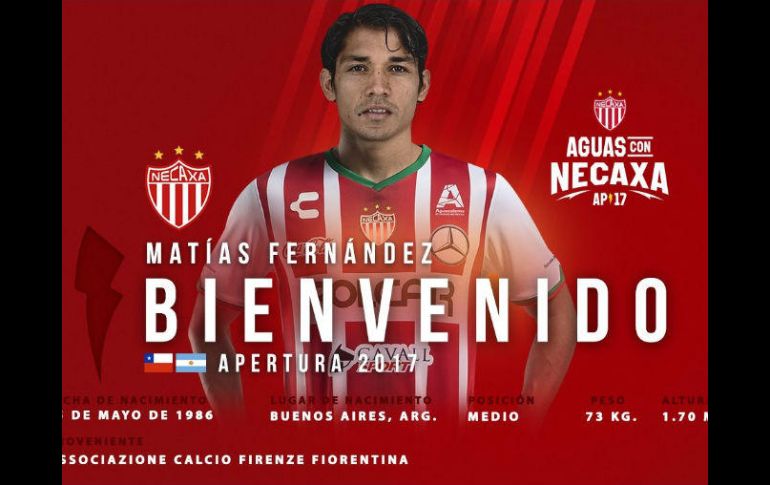 La Fiorentina de Italia rescindió el contrato del chileno para hacer posible su incorporación al Necaxa. TWITTER / @ClubNecaxa