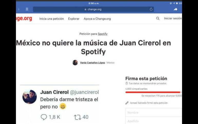 En respuesta, usuarios piden a Spotyfy bajar la música de Cirerol. TWITTER / @juancirerol