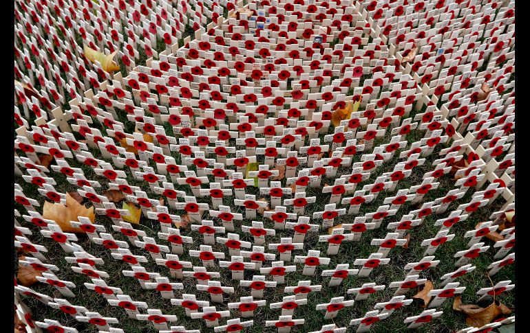 Hojas yacen junto a amapolas colocadas en el campo del recuerdo en la Abadía de Westminster, en Londres. Las amapolas se usan en homenaje a los heridos y fallecidos en servicio de las fuerzas armadas. AP/K. Wigglesworth