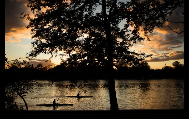 Dos hombres reman en un lago del parque del Retiro en Madrid. AP/F. Seco