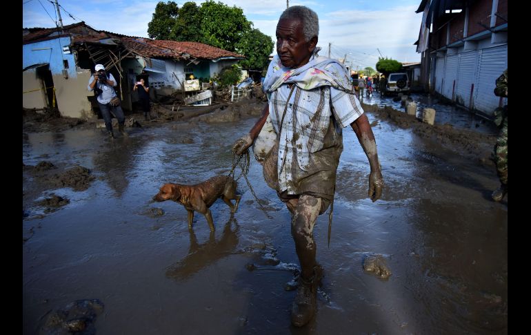 Un hombre camina con un perro después de una avalancha del río La Paila en Corinto, Colombia. Autoridades confirmaron que cuatro personas murieron en este municipio como consecuencia del desbordamiento anoche. EFE/E. Guzmán