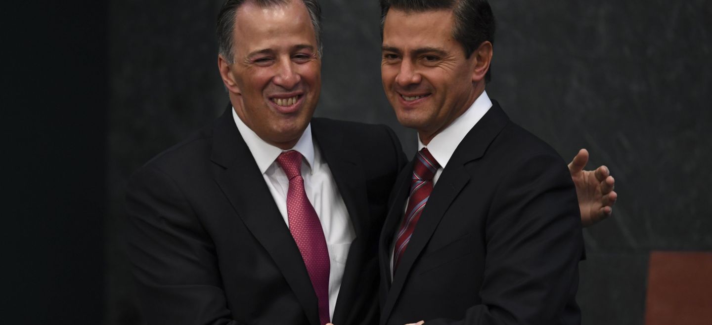 Mexican Finance Minister Jose Antonio Meade (L) is welcomed by Presid - Mexican Finance Minister Jose Antonio Meade (L) is welcomed by President Enrique Pena Nieto as he arrives for the ceremony to present his resignation, at Los Pinos Presidential Residence in Mexico City on November 27, 2017. Meade resigned amid growing rumors that he will opt for the country