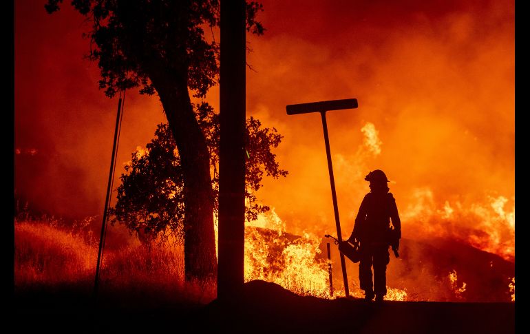 Un bombero participa en el combate a un incendio  forestal en Redding, California. El fuego descontrolado ha quemado más de 11 mil 500 hectáreas y provocado la muerte de una persona. AFP/J. Edelson