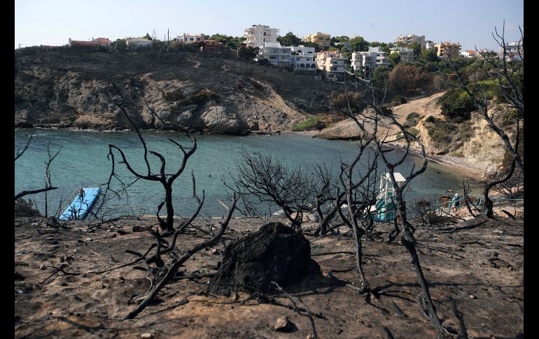 Personas nadan en una playa en Rafina, Grecia, a días de un incendio forestal. Autoridades informaron que se han identificado 76 cuerpos de víctimas del incendio. AP/T. Stavrakis