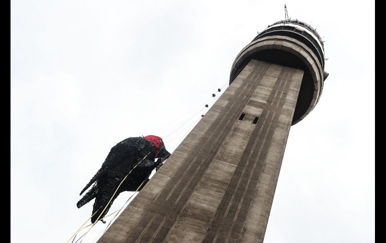 Una escultura gigante de un pájaro se exhibe junto a una torre en una céntrica calle de Santiago, Chile. Esta y otras obras gigantes forman parte del festival  