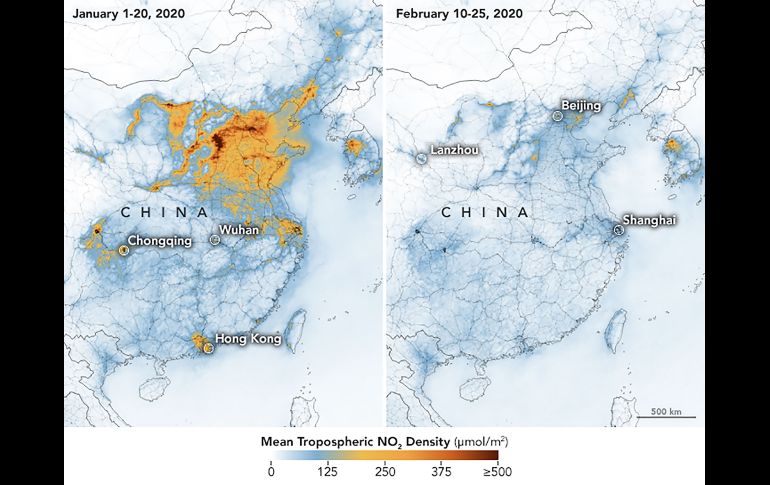 Los mapas que comparan las concentraciones de NO2 mostraron una marcada disminución entre el 1 y el 20 de enero (i), antes de que se impusiera una cuarentena en Wuhan y otras ciudades, y del 10 al 25 de febrero (d). AFP/NASA