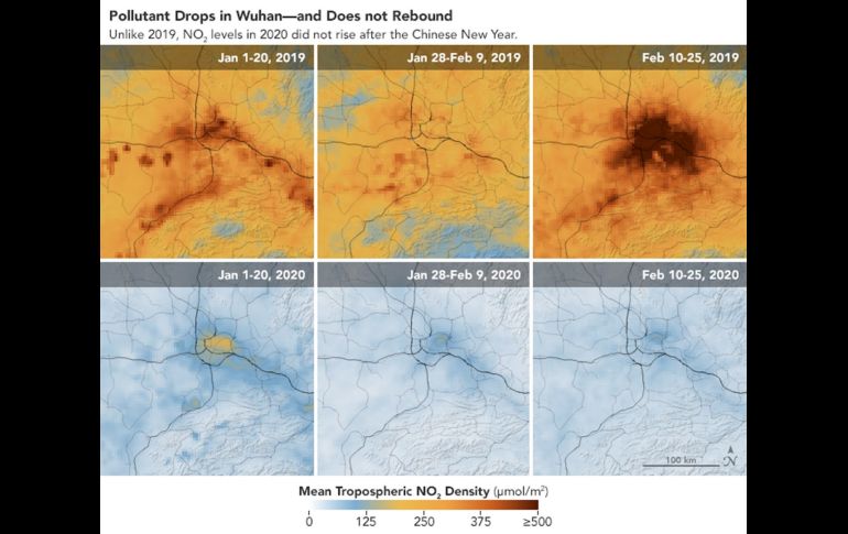 Mapas con concentraciones de NO2 en la ciudad de Wuhan de tres periodos entre enero y febrero de 2019 (arriba) y 2020 (abajo). EFE/EPA/NASA