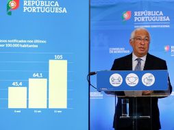 El primer ministro portugués, António Costa, presenta un dispositivo de desconfinamiento en varias etapas en rueda de prensa. EFE/A. Cotrim