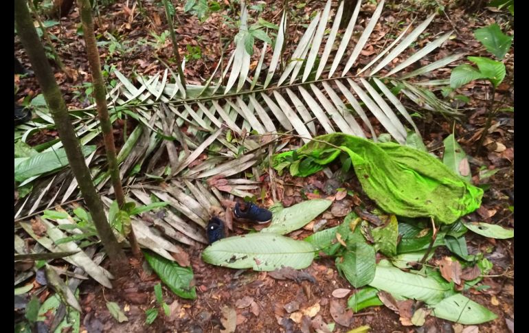 Fotografía cedida por las Fuerzas Militares de Colombia en la que se ve una toalla y un par de zapatos encontrados en la selva donde ocurrió el siniestro aéreo del Cessna 206. EFE/ESPECIAL