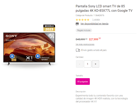 Pantalla Smart TV Sony LCD de 85 pulgadas 4 K KD-85X77L con Google TV