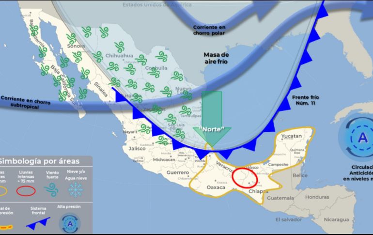 El avance del frente frío 11, empujado por una masa de aire frío, las temperaturas podrían descender de 0 a 5 grados al amanecer del martes 21 y del miércoles 22 de noviembre en zonas serranas de Jalisco. ESPECIAL / Conagua