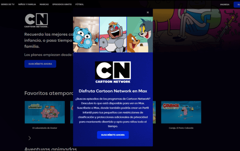 Así luce el portal de Cartoon Network Latinoamérica; simplemente aparece el menú de Max. ESPECIAL