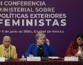 La canciller mexicana Alicia Bárcena las senadoras Olga Sánchez Cordero y Marcela Mora Arellano, participan en la clausura de la III Conferencia Ministerial sobre Políticas Exteriores Feministas, este miércoles en Ciudad de México. EFE/ I. Esquive.